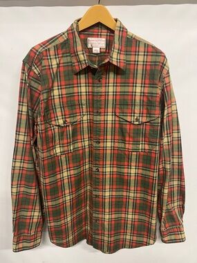 Filson Red Plaid Work Shirt Button Front Men’s Large LONG